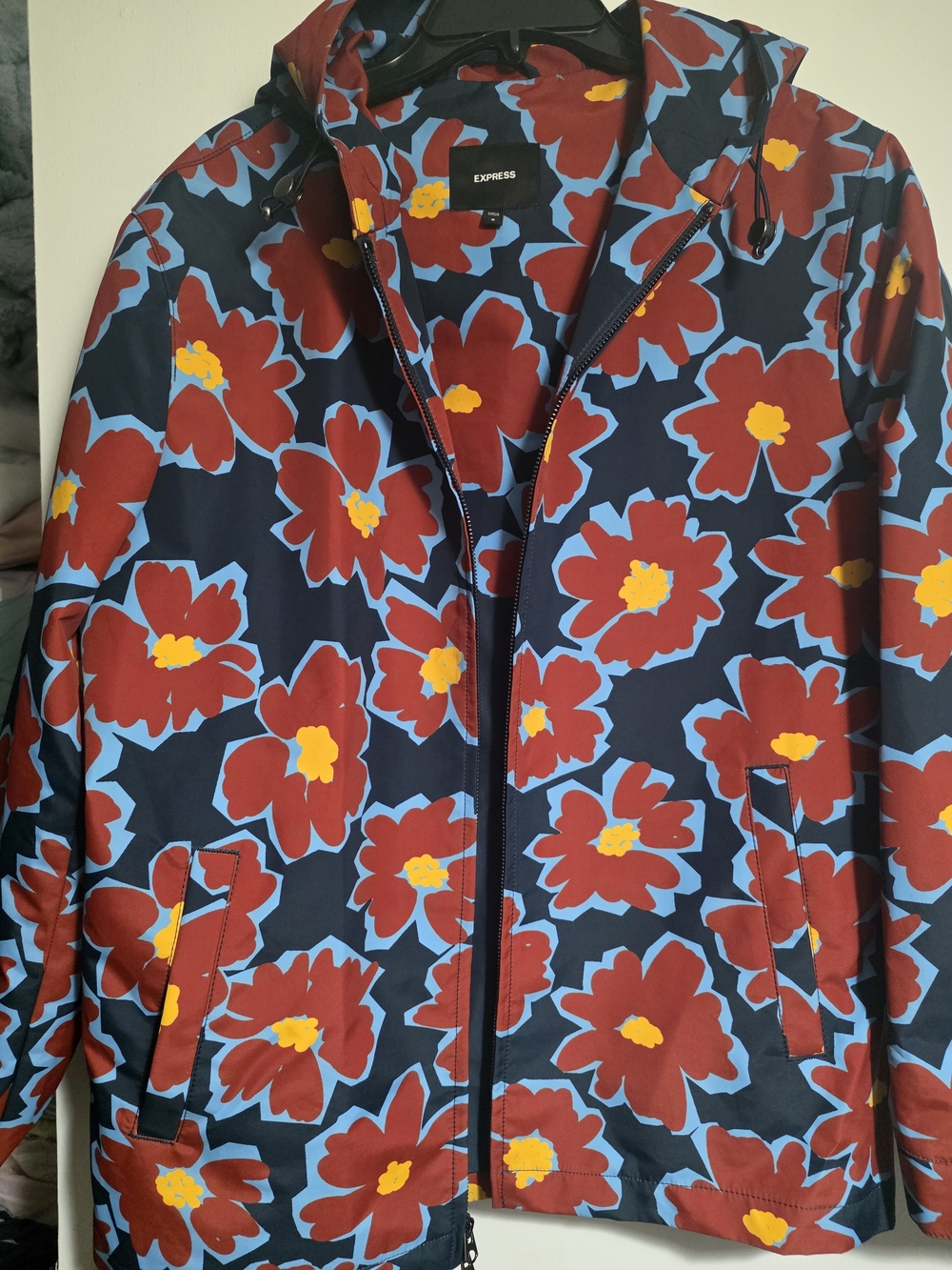 Express Floral Zip Hooded Jacket - Navy with Red & Yellow Flowers